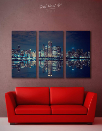 3 Pieces Chicago Skyline at Night Canvas Wall Art