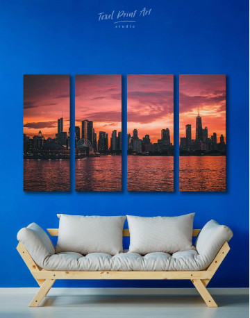 4 Panels Chicago Silhouette Skyline at Night Canvas Wall Art