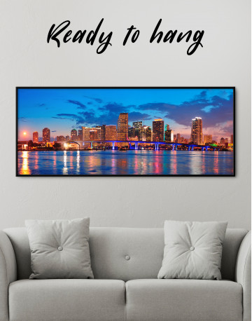 Framed Panoramic Night Cityscape View Canvas Wall Art