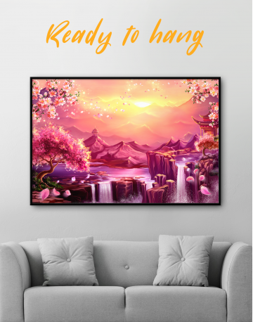 Framed Fantasy Asian Mountain Landscape Canvas Wall Art