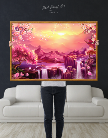 Framed Fantasy Asian Mountain Landscape Canvas Wall Art - image 4