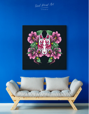 Japanese Fox Mask With Flowers Canvas Wall Art - image 4
