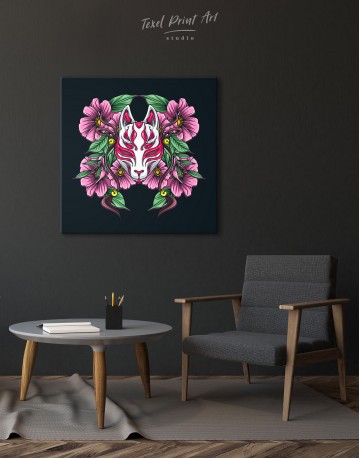 Japanese Fox Mask With Flowers Canvas Wall Art - image 1