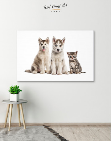 Young Huskies and Kitten Canvas Wall Art - image 2
