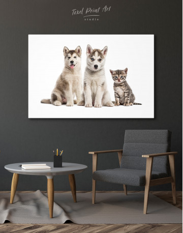 Young Huskies and Kitten Canvas Wall Art - image 4