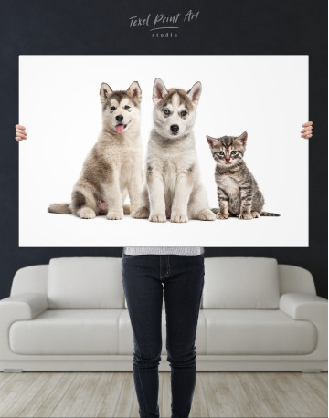 Young Huskies and Kitten Canvas Wall Art - image 10