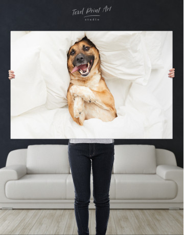 Happy Dog in Bed Canvas Wall Art - image 1
