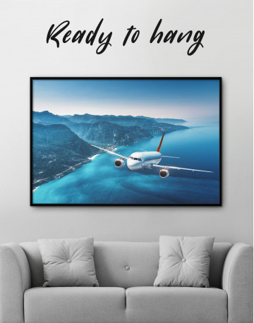 Framed Aeroplane Flying Over Islands Scene Canvas Wall Art