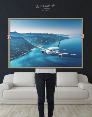 Framed Aeroplane Flying Over Islands Scene Canvas Wall Art - image 1