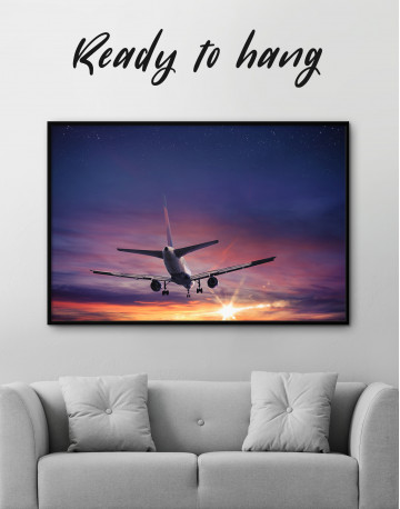Framed Flying Airplane Sunset Canvas Wall Art