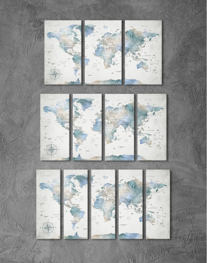 公式通販特別価格3 Piece Watercolor World Pin Print Canvas of World Push Map Map  Wonder Ca好評販売中 ウォールステッカー
