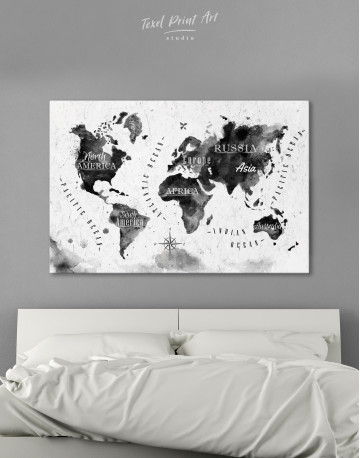 Black and White Watercolor World Map with Continents Canvas Wall Art