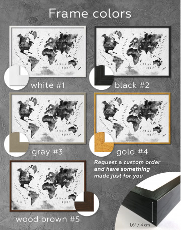 Framed Black and White Watercolor World Map with Continents Canvas Wall Art - image 1