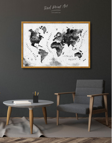 Framed Black and White Watercolor World Map with Continents Canvas Wall Art - image 3