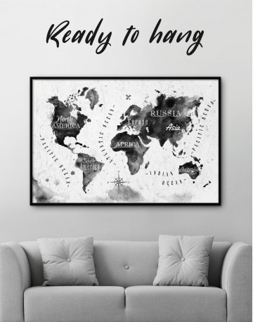 Framed Black and White Watercolor World Map with Continents Canvas Wall Art