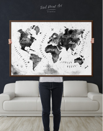 Framed Black and White Watercolor World Map with Continents Canvas Wall Art - image 4