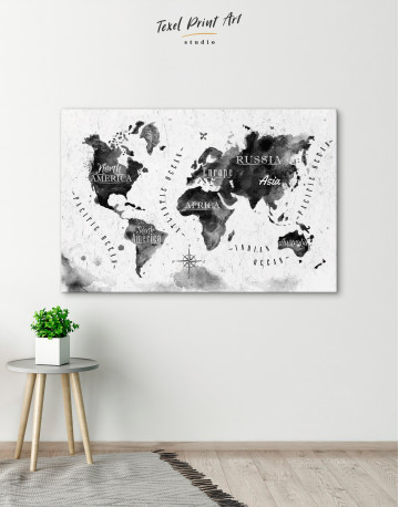 Black and White Watercolor World Map with Continents Canvas Wall Art - image 5