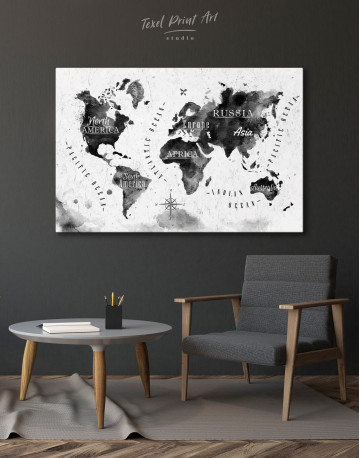 Black and White Watercolor World Map with Continents Canvas Wall Art - image 3