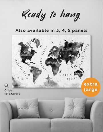 Black and White Watercolor World Map with Continents Canvas Wall Art - image 1