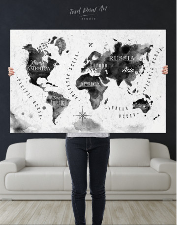 Black and White Watercolor World Map with Continents Canvas Wall Art - image 10