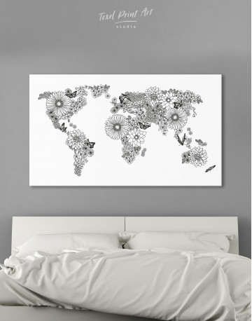 Floral World Map Black and White Canvas Wall Art
