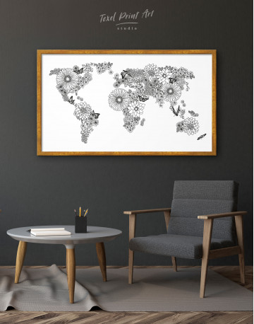 Framed Floral World Map Black and White Canvas Wall Art - image 3