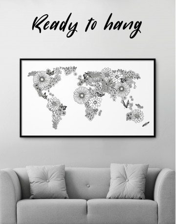 Framed Floral World Map Black and White Canvas Wall Art