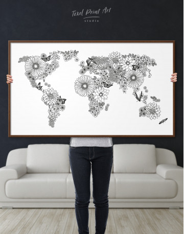 Framed Floral World Map Black and White Canvas Wall Art - image 4