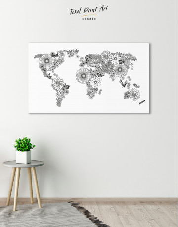 Floral World Map Black and White Canvas Wall Art - image 4