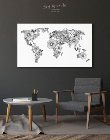 Floral World Map Black and White Canvas Wall Art - image 9