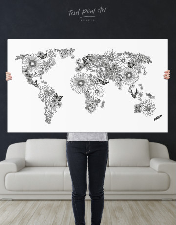Floral World Map Black and White Canvas Wall Art - image 2