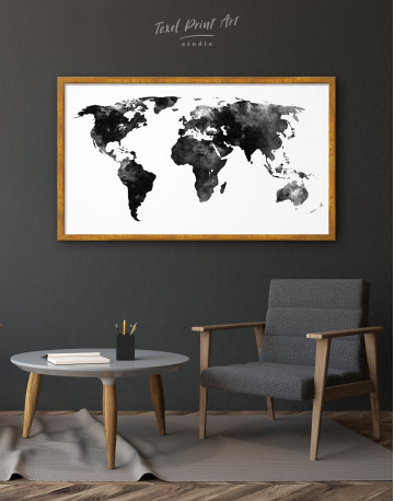 Framed Black and White Watercolor World Map Canvas Wall Art - image 3