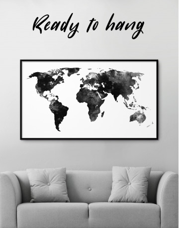 Framed Black and White Watercolor World Map Canvas Wall Art