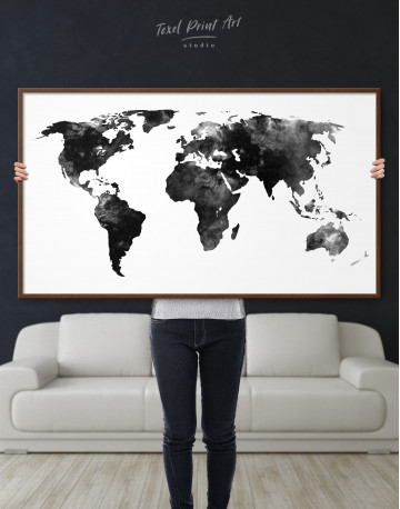 Framed Black and White Watercolor World Map Canvas Wall Art - image 4