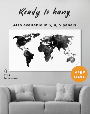 Black and White Watercolor World Map Canvas Wall Art - image 1