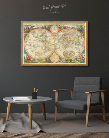 Framed Antique Hemisphere World Map Canvas Wall Art - image 3