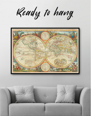 Framed Antique Hemisphere World Map Canvas Wall Art