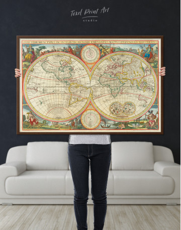 Framed Antique Hemisphere World Map Canvas Wall Art - image 4