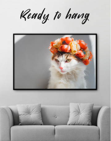Framed Calico Cat with Flowers Canvas Wall Art