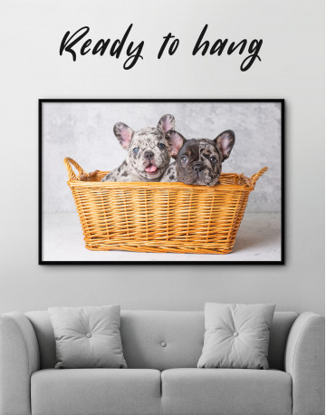 Framed French Bulldog Puppies in Basket Canvas Wall Art