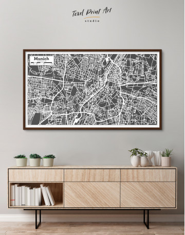 Framed B&W Munich City Map Canvas Wall Art - image 3