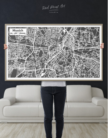 Framed B&W Munich City Map Canvas Wall Art - image 5