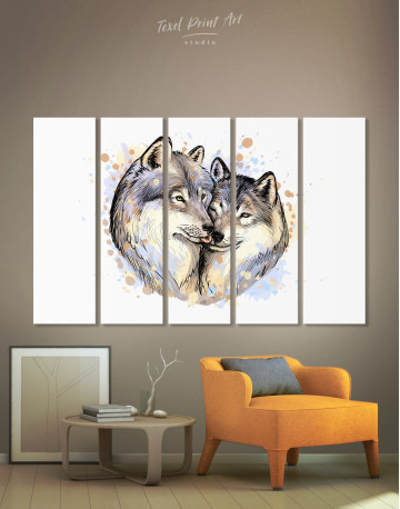 5 Panels Wolf Couple in Love Painting Canvas Wall Art