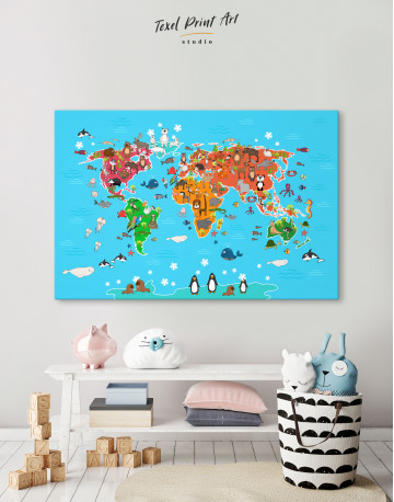 Blue Animals World Map for Kids Canvas Wall Art