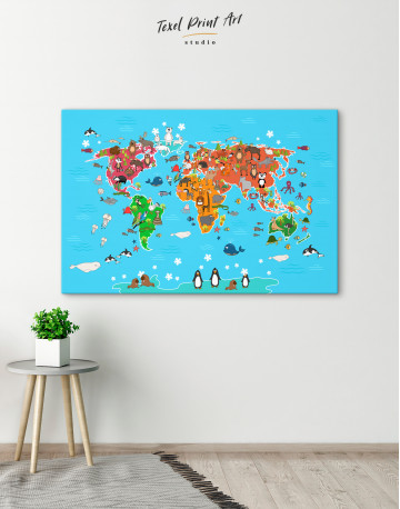 Blue Animals World Map for Kids Canvas Wall Art - image 1