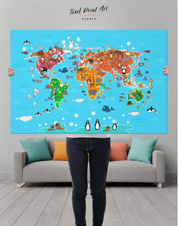 Blue Animals World Map for Kids Canvas Wall Art - image 4