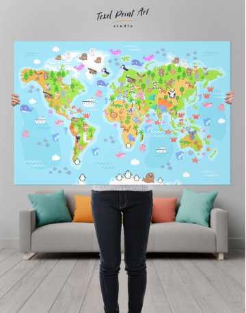 Children's World Map with Animals Canvas Wall Art - image 1