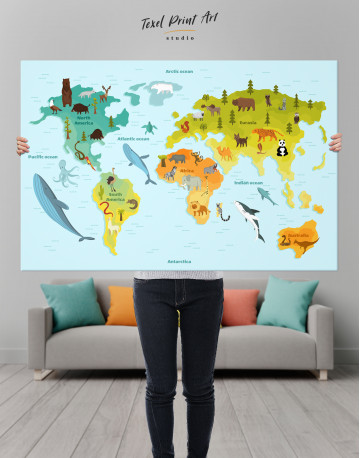 World Map with Animals Canvas Wall Art - image 1