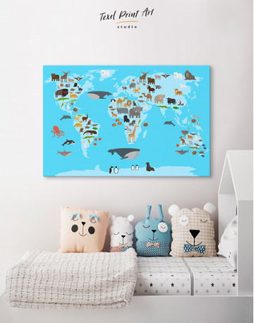 Blue World Map with Animals Canvas Wall Art