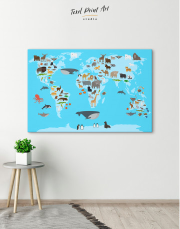 Blue World Map with Animals Canvas Wall Art - image 5